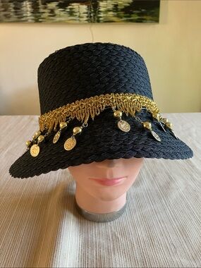Black Straw Hat with Gold Coin Fringe
